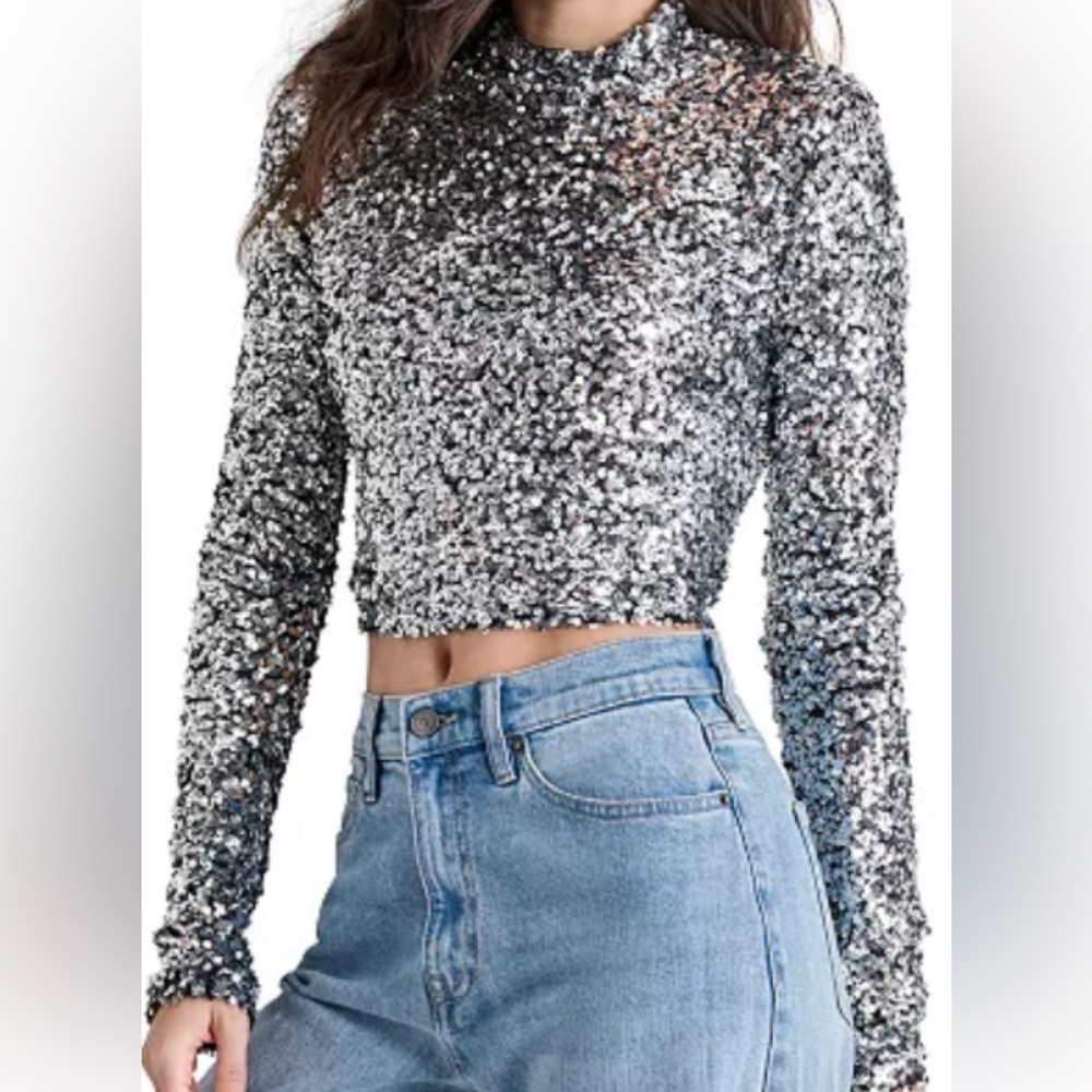 DKNY Women's Sequined Mock-Neck Mesh Crop Top / Sparkle Top